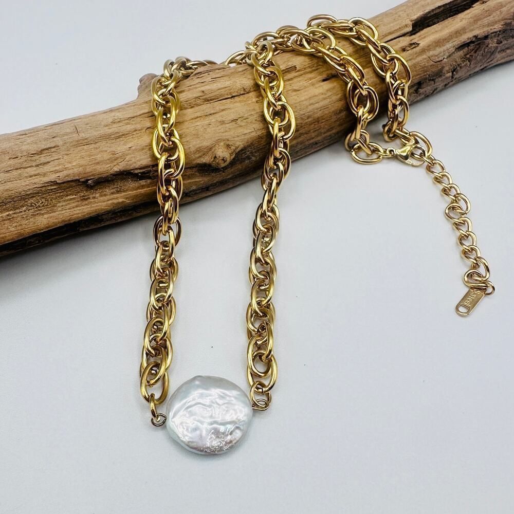 18K Gold Stainless Steel Coin Pearl Necklace-Non Tarnish Water Resistant